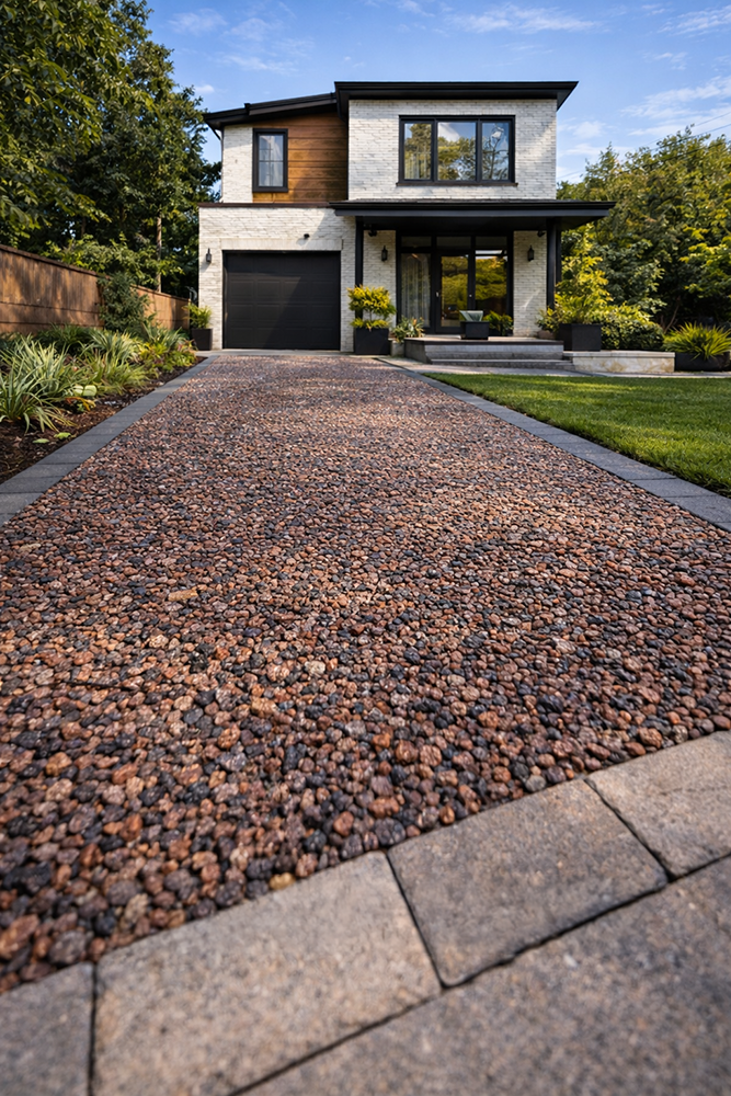EcoPave benefits listed with mountain river image and commitment to sustainable, durable, local solutions.