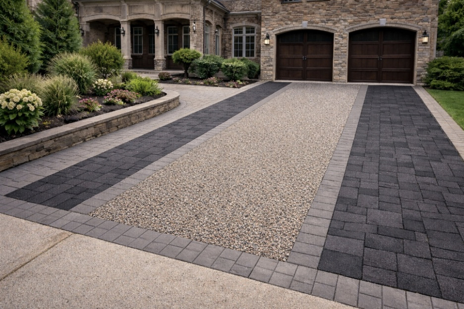 Driveway with gray pavers and stone center leading to a brick house with two wooden garage doors.