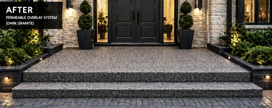 Stone steps and porch with dark granite permeable overlay system and landscaped lighting.