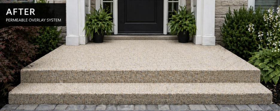 Front porch steps with a new beige permeable overlay system and potted plants by the black door.