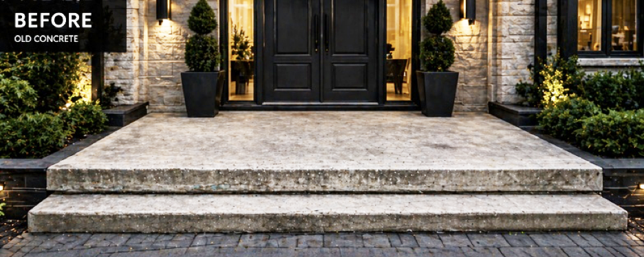 Worn old concrete front porch with two steps leading to black double doors and flanked by plants.