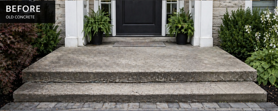 Old cracked concrete steps and porch leading to a black front door, surrounded by plants.