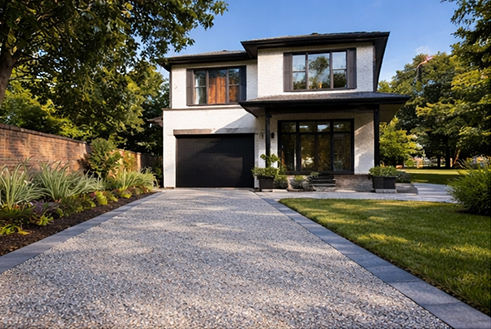 Modern two-story house with white exterior, black garage door, and a neat perimeter paved driveway.