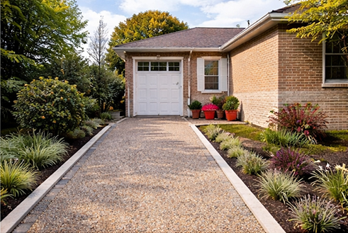 Gravel driveway lined with plants leading to a brick house garage with potted flowers near the door.