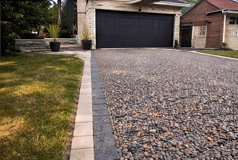 Pebble stone driveway bordered by light and dark rectangular pavers leading to a house garage.