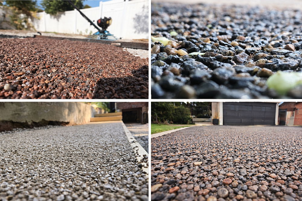 Close-up views of different colored traditional exposed aggregate paving surfaces outdoors.