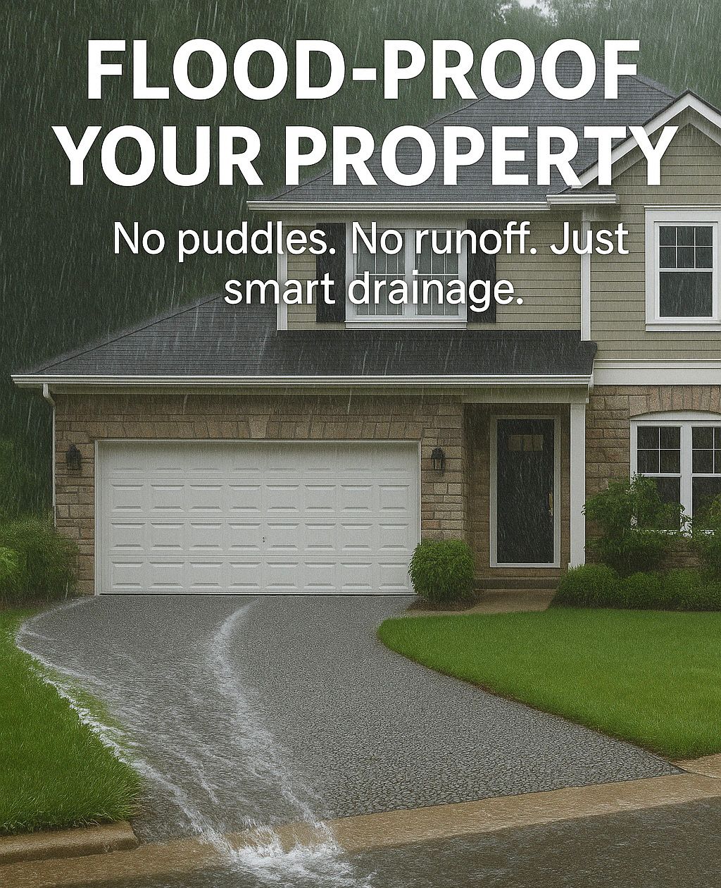 House with driveway draining rainwater, text reads flood-proof your property with smart drainage.