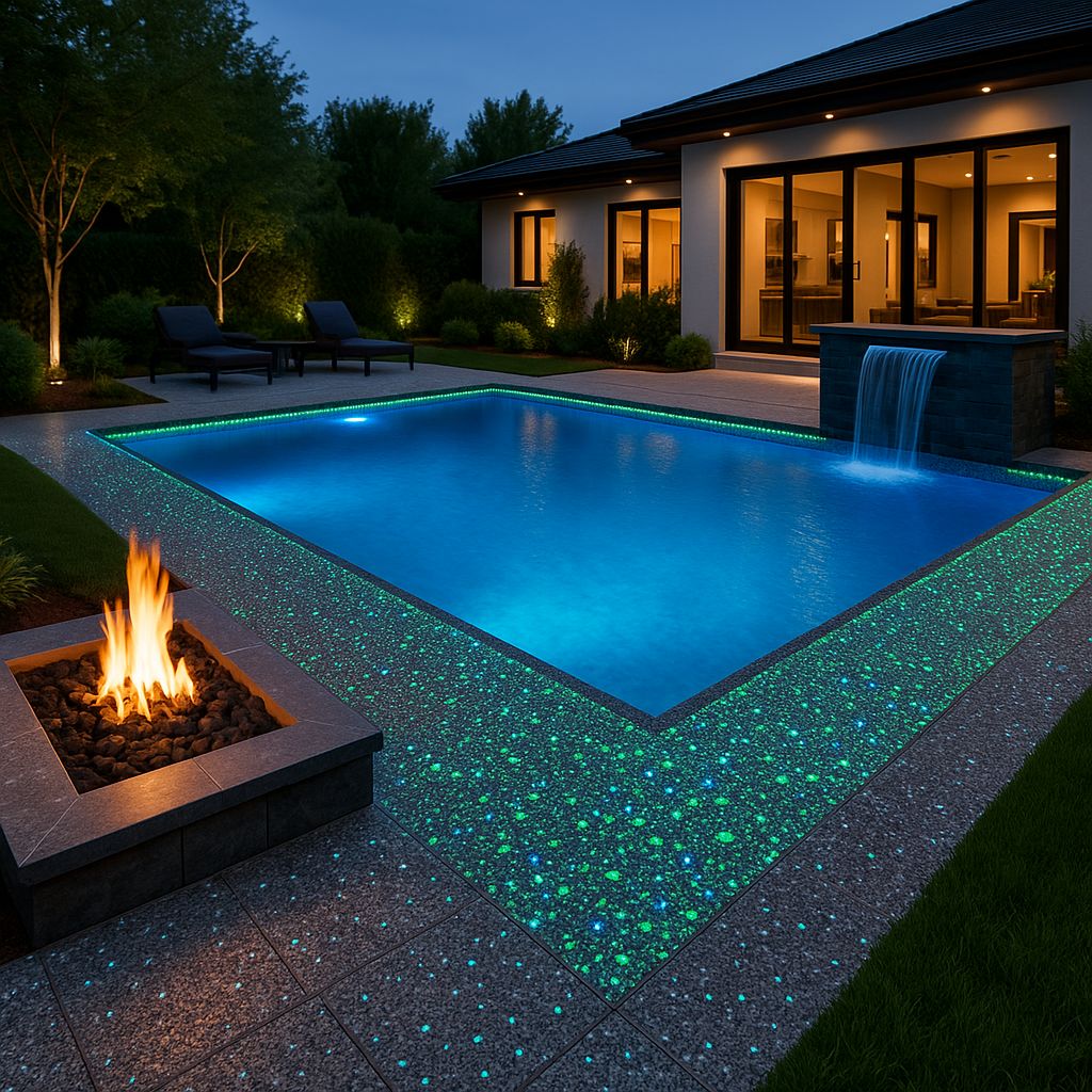 Modern backyard pool at night with glowing edges, waterfall feature, fire pit, and lounge chairs.
