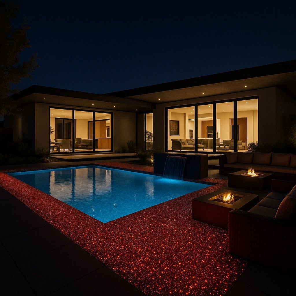 Modern lit backyard pool at night with glowing red edge, waterfall, fire pits, and patio seating.