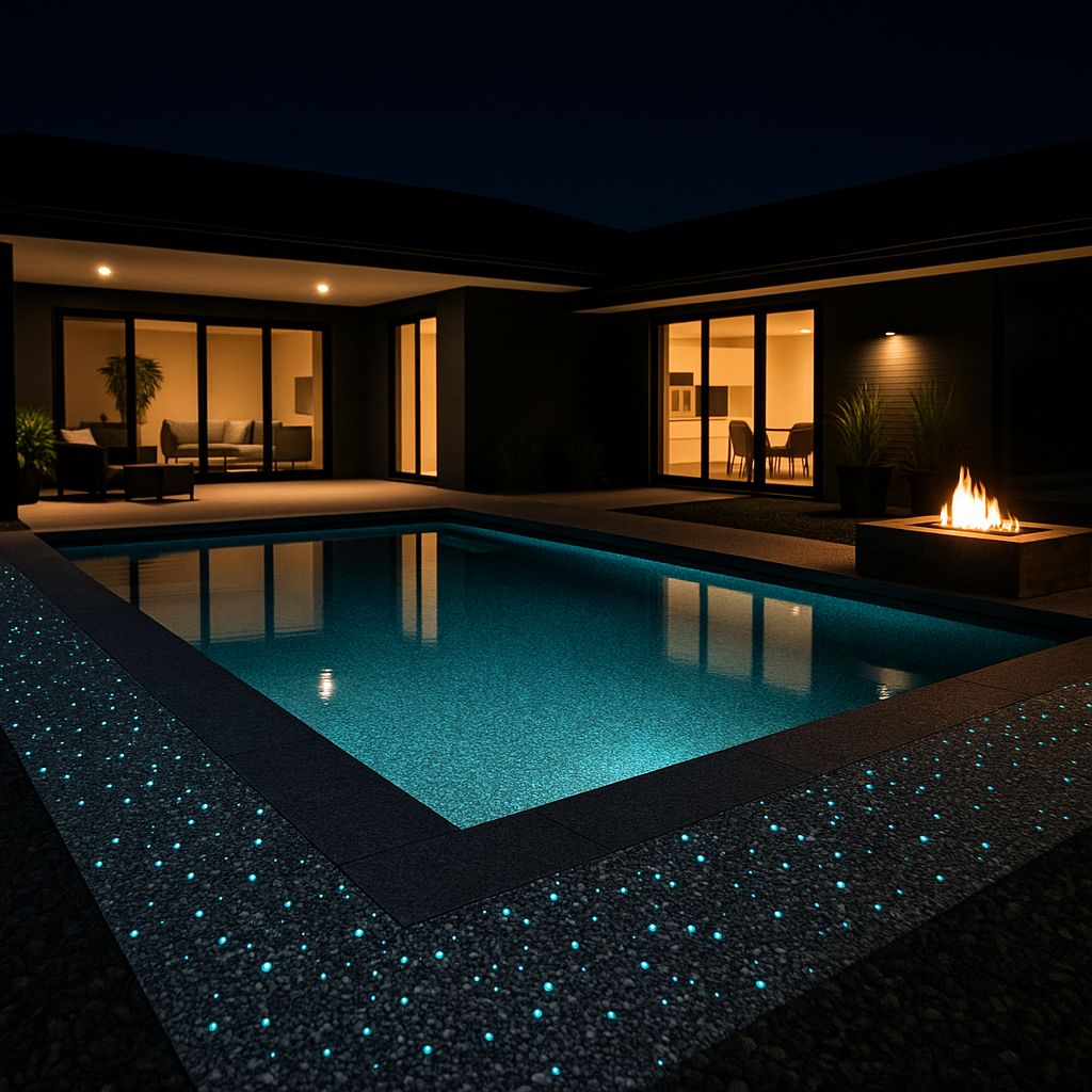 Modern backyard at night with illuminated pool, outdoor fire feature, and seating area inside house.