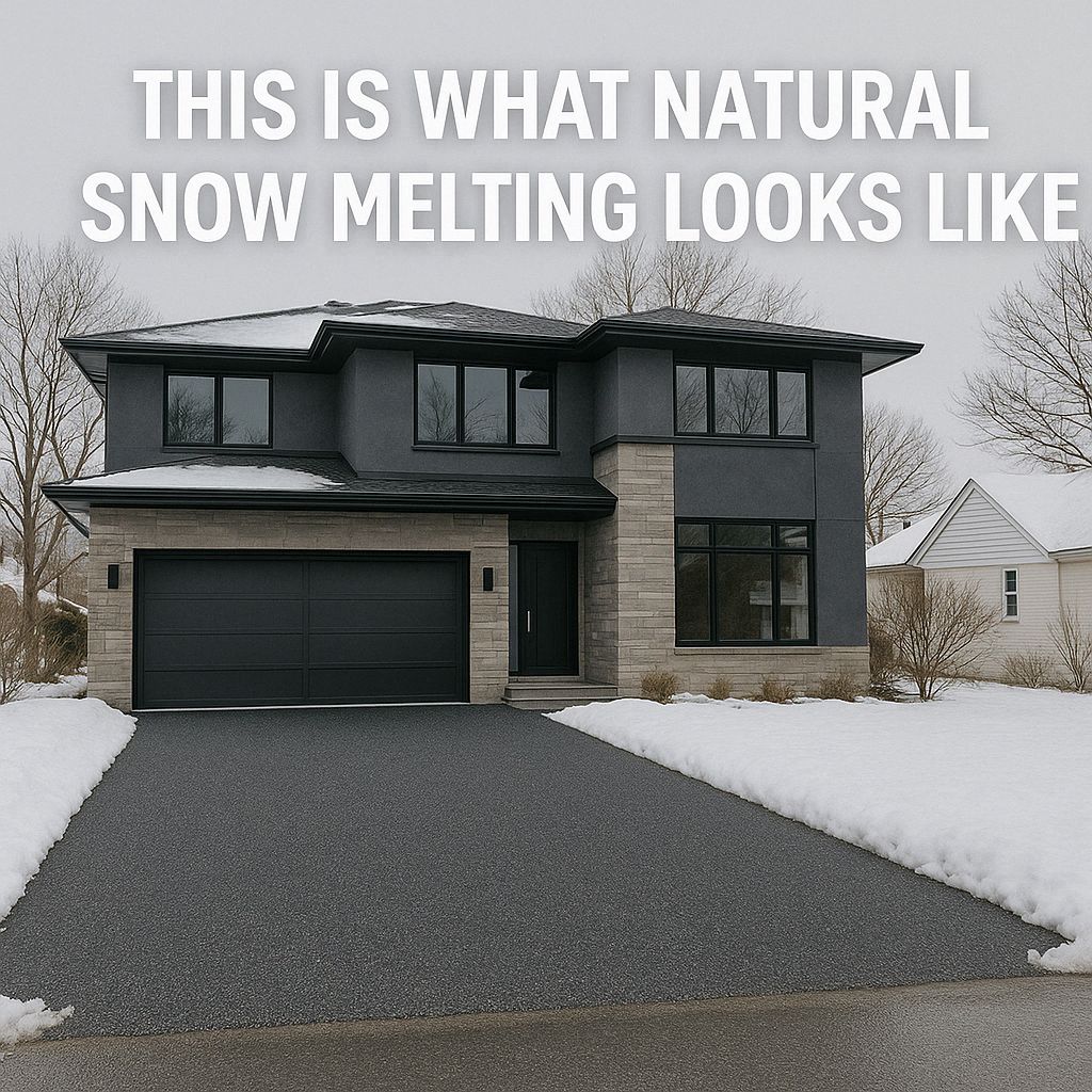 Modern house with snow melting naturally from the driveway and roof edges, bordered by snow-covered lawns.