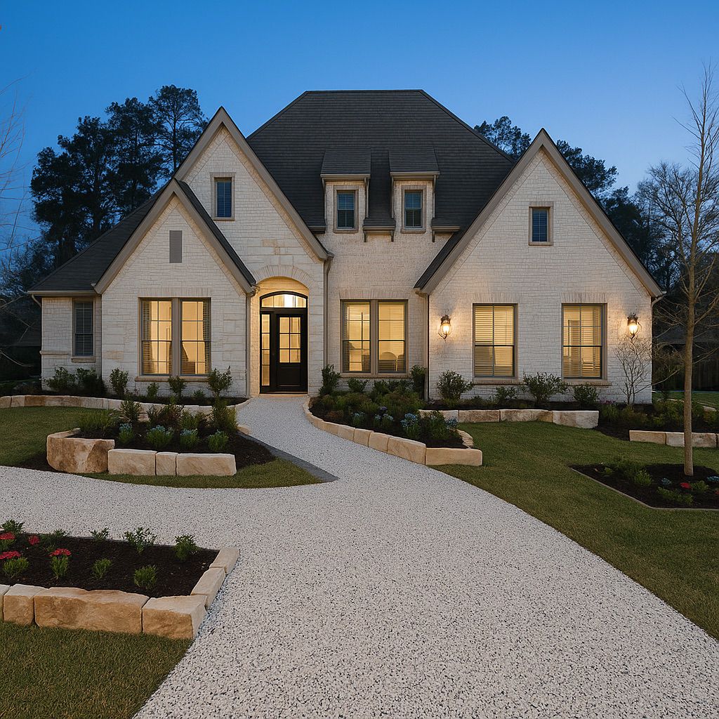 Large brick house with dark roof, lit windows, stone-bordered garden beds, and a curved stone walkway.