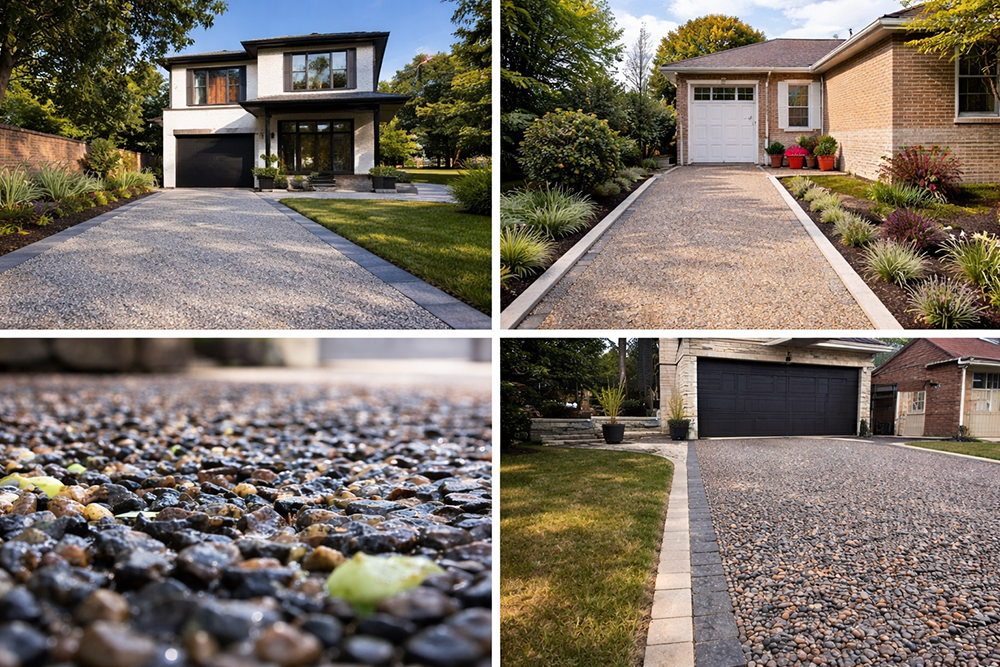Collage showing pebble driveways at modern houses with landscaped gardens and stone borders.